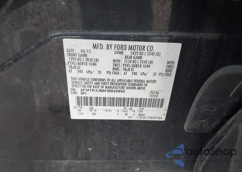 2015 Ford Edge Sel из США, поврежденный, VIN 2FMTK3J86FBB25892